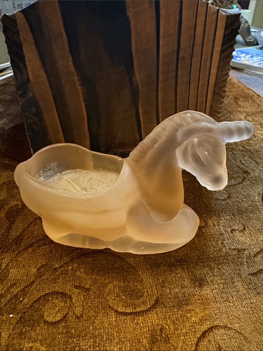 Vintage, Vaseline, Frosted Glass Unicorn in Pale Pink